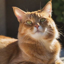 A golden brown cat with majestic features, basking in the radiant sunlight, embodying the essence of the sun god, Nika.