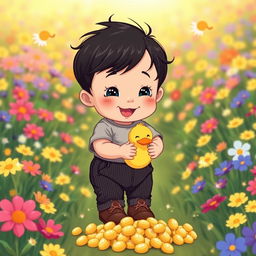 A delightful cartoon illustration of a 10-month-old baby boy with thick black hair, dressed in a soft gray t-shirt and stylish black corduroy pants, complemented by adorable brown leather shoes