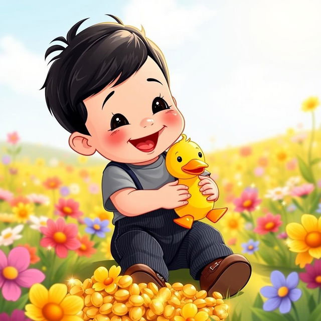 A delightful cartoon illustration of a 10-month-old baby boy with thick black hair, dressed in a soft gray t-shirt and stylish black corduroy pants, complemented by adorable brown leather shoes