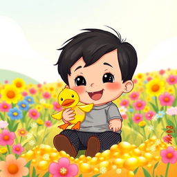 A delightful cartoon illustration of a 10-month-old baby boy with thick black hair, dressed in a soft gray t-shirt and stylish black corduroy pants, complemented by adorable brown leather shoes