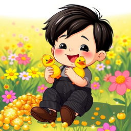 A delightful cartoon illustration of a 10-month-old baby boy with thick black hair, dressed in a soft gray t-shirt and stylish black corduroy pants, complemented by adorable brown leather shoes