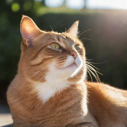 A golden brown cat with majestic features, basking in the radiant sunlight, embodying the essence of the sun god, Nika.