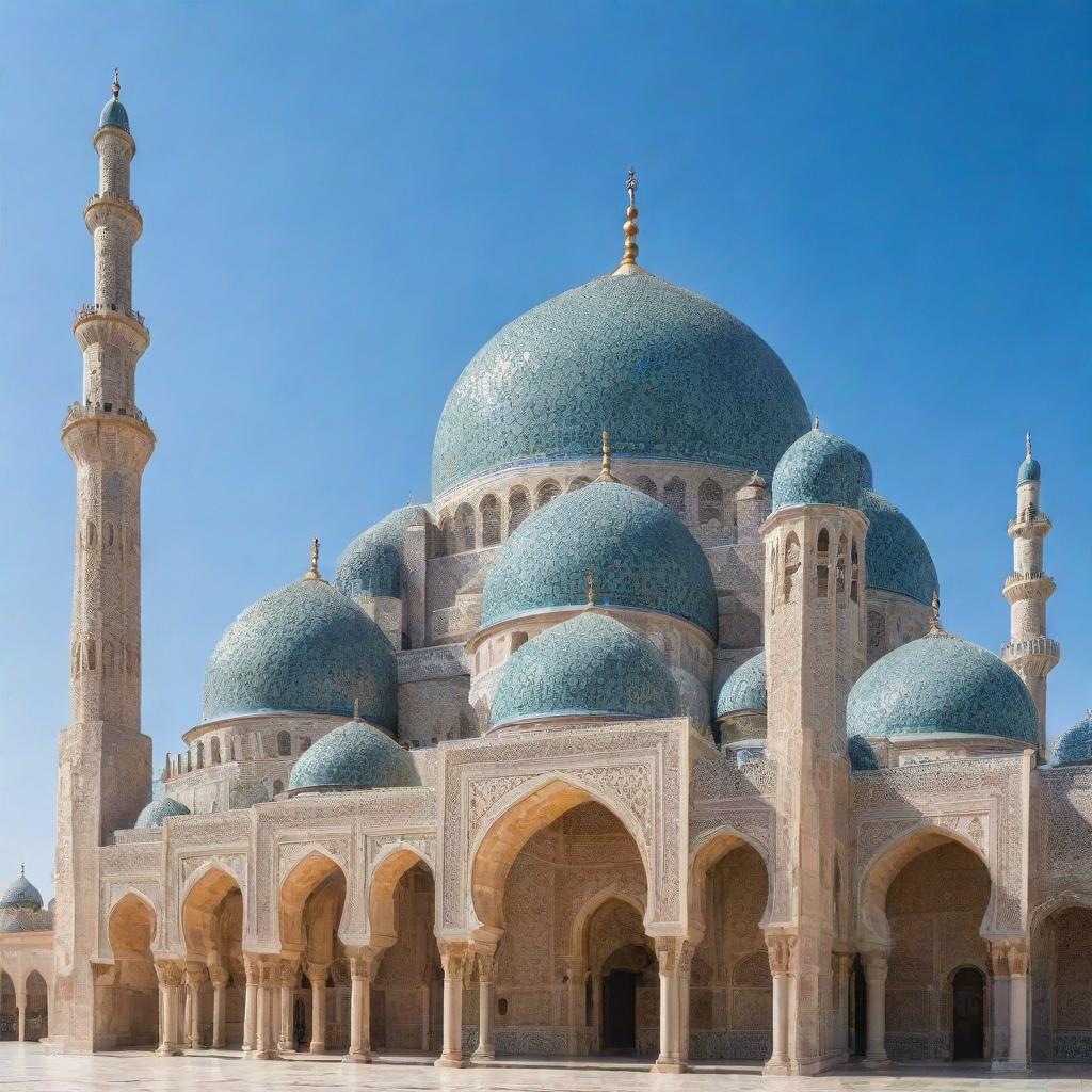 A magnificent mosque with intricate Islamic architecture under a clear blue sky