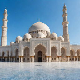 A magnificent mosque with intricate Islamic architecture under a clear blue sky