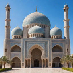 A magnificent mosque with intricate Islamic architecture under a clear blue sky