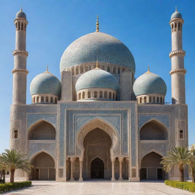 A magnificent mosque with intricate Islamic architecture under a clear blue sky
