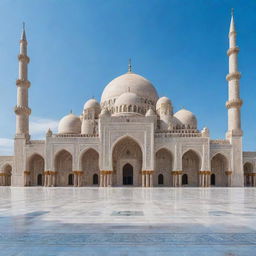 A magnificent mosque with intricate Islamic architecture under a clear blue sky