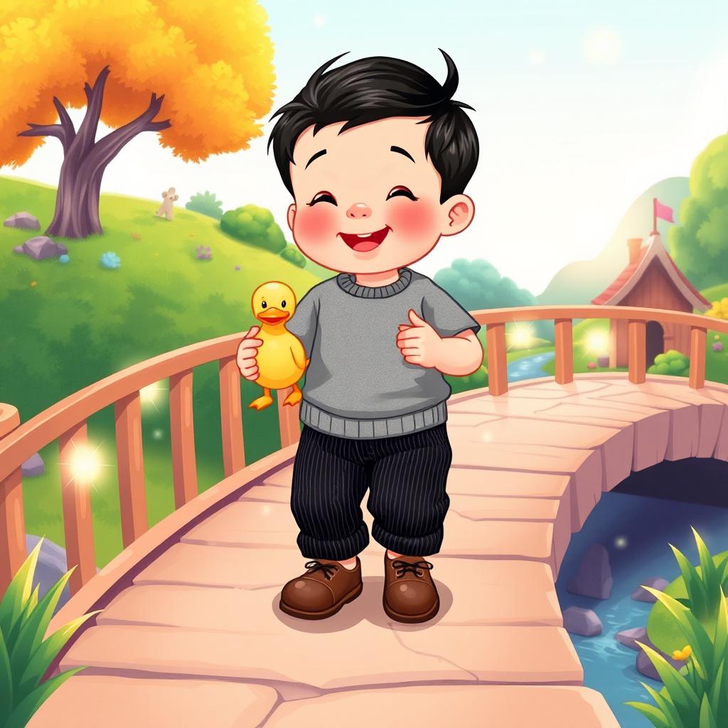 A delightful cartoon illustration featuring a 10-month-old baby boy with thick black hair, dressed in a soft gray t-shirt and black corduroy pants, along with charming brown leather shoes