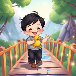 A delightful cartoon illustration featuring a 10-month-old baby boy with thick black hair, dressed in a soft gray t-shirt and black corduroy pants, along with charming brown leather shoes