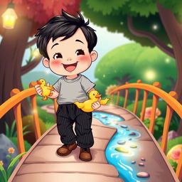 A delightful cartoon illustration featuring a 10-month-old baby boy with thick black hair, dressed in a soft gray t-shirt and black corduroy pants, along with charming brown leather shoes