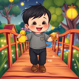 A delightful cartoon illustration featuring a 10-month-old baby boy with thick black hair, dressed in a soft gray t-shirt and black corduroy pants, along with charming brown leather shoes