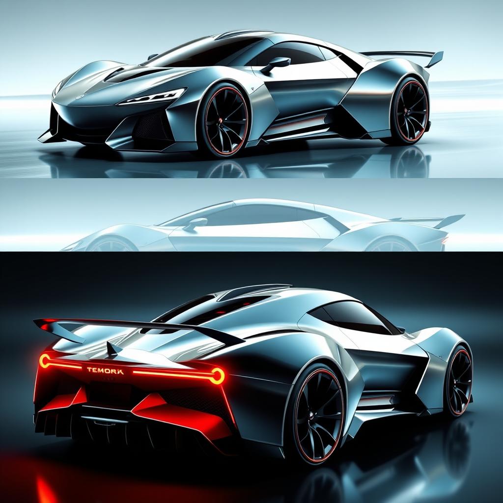 A futuristic sports car featuring a sleek design with 2 doors, a prominent rear spoiler, and an aggressive big nose shape for enhanced aerodynamics