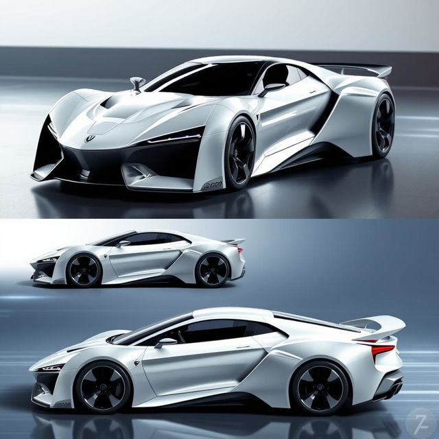 A futuristic sports car featuring a sleek design with 2 doors, a prominent rear spoiler, and an aggressive big nose shape for enhanced aerodynamics