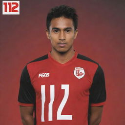 Create a vector-styled image of an Indonesian soccer player named Arva, wearing a striped red and black jersey. The player has the number 12 on his jersey.