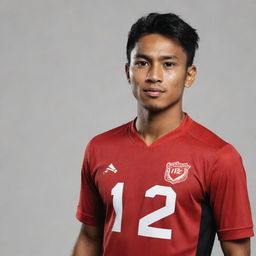 Create a vector-styled image of an Indonesian soccer player named Arva, wearing a striped red and black jersey. The player has the number 12 on his jersey.