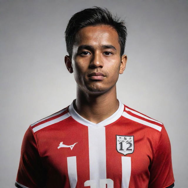 Create a vector-styled image of an Indonesian soccer player named Arva, wearing a striped red and black jersey. The player has the number 12 on his jersey.