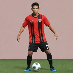 Create a vector-styled image of an Indonesian soccer player named Arva, wearing a striped red and black jersey. The player has the number 12 on his jersey.