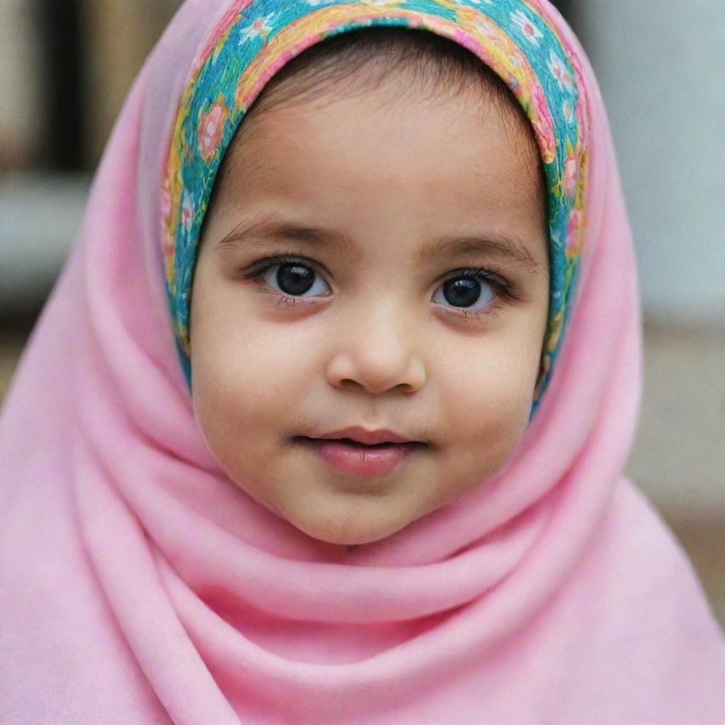 An adorable baby girl wearing a colorful hijab, her innocent eyes sparkling with joy