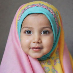 An adorable baby girl wearing a colorful hijab, her innocent eyes sparkling with joy