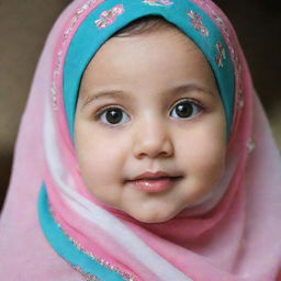 An adorable baby girl wearing a colorful hijab, her innocent eyes sparkling with joy