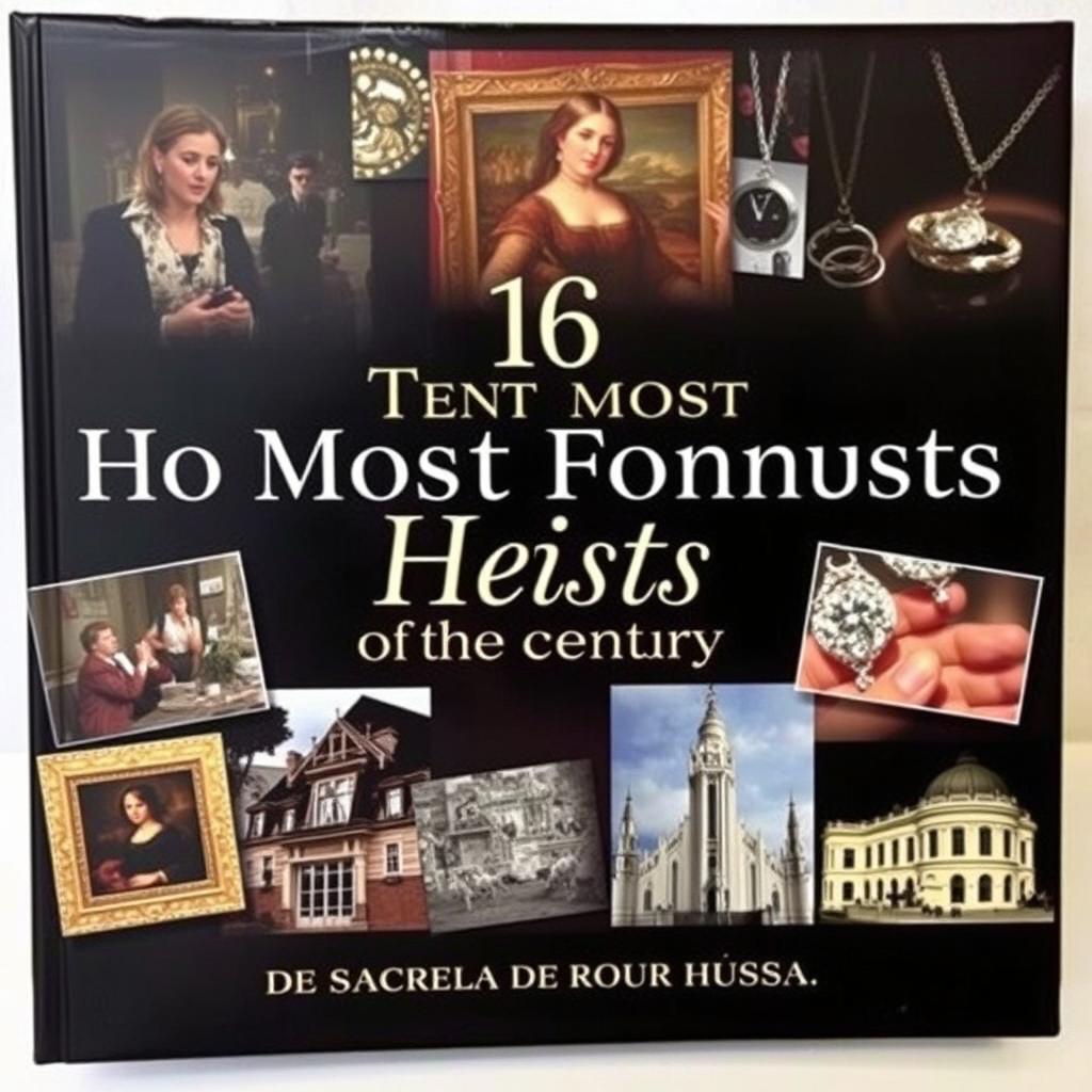 A stylish collage featuring images related to the ten most infamous heists of the century, including photographs of crime scenes, stolen works of art, valuable jewelry, and iconic locations where each robbery took place