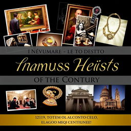 A stylish collage featuring images related to the ten most infamous heists of the century, including photographs of crime scenes, stolen works of art, valuable jewelry, and iconic locations where each robbery took place