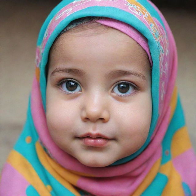 An adorable baby girl wearing a colorful hijab, her innocent eyes sparkling with joy