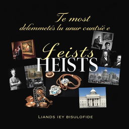 A stylish collage featuring images related to the ten most infamous heists of the century, including photographs of crime scenes, stolen works of art, valuable jewelry, and iconic locations where each robbery took place