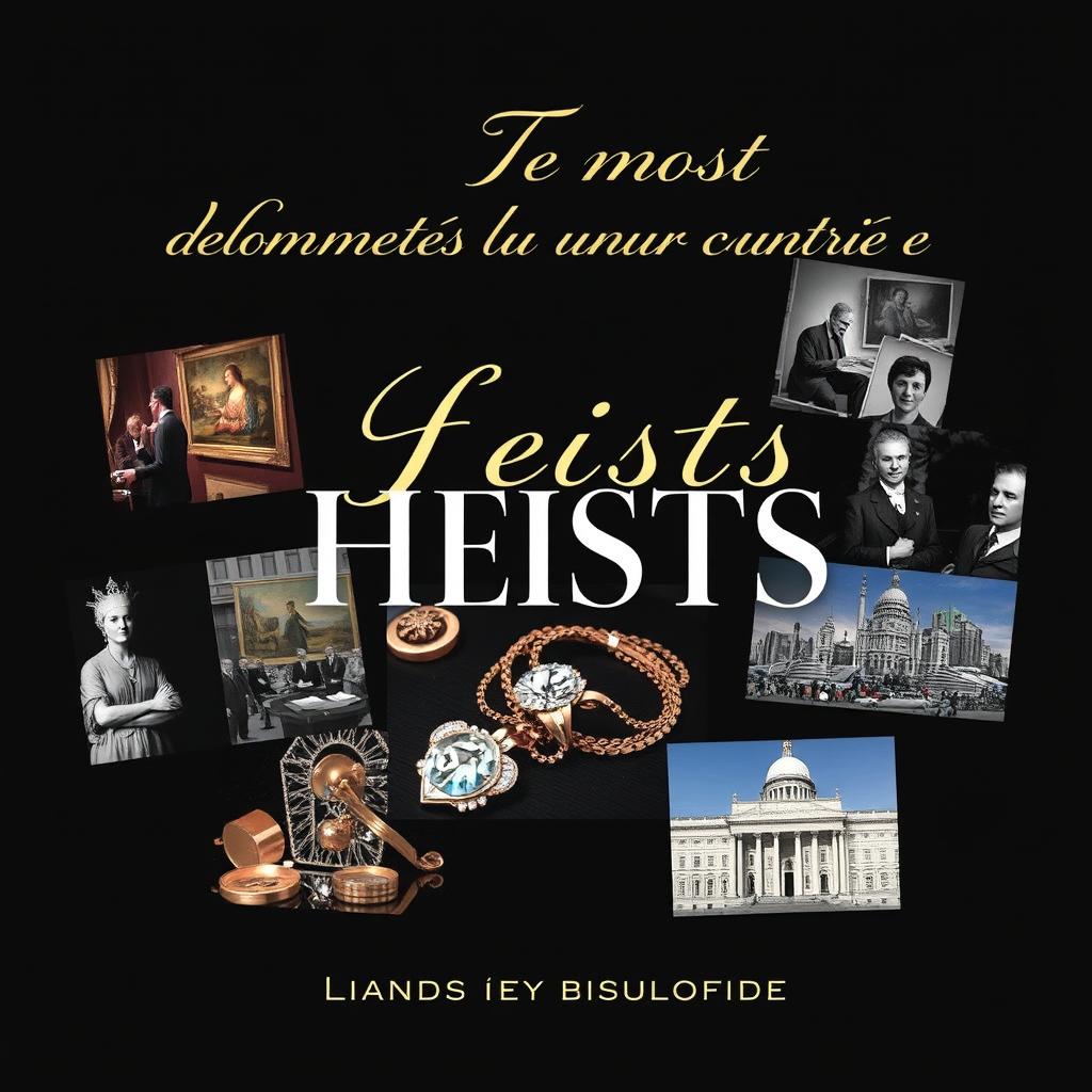 A stylish collage featuring images related to the ten most infamous heists of the century, including photographs of crime scenes, stolen works of art, valuable jewelry, and iconic locations where each robbery took place