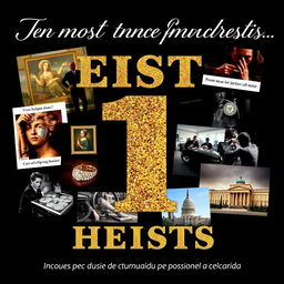 A stylish collage featuring images related to the ten most infamous heists of the century, including photographs of crime scenes, stolen works of art, valuable jewelry, and iconic locations where each robbery took place