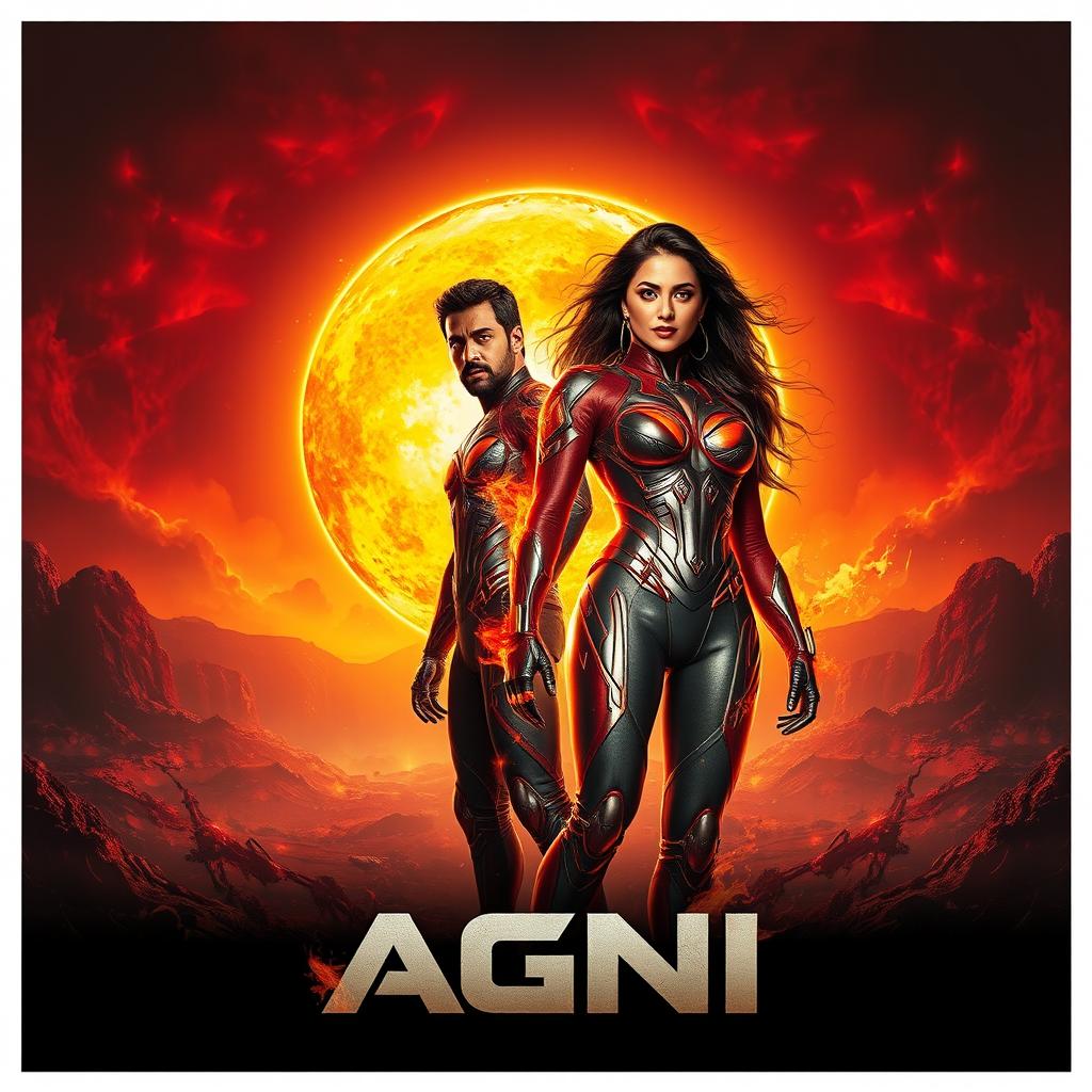 A stunning and dynamic cinematic sci-fi action film poster titled 'AGNI'