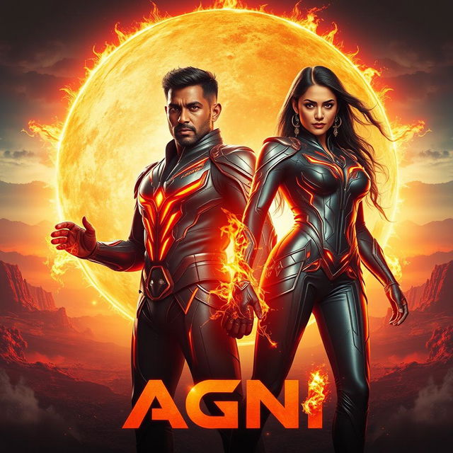 A stunning and dynamic cinematic sci-fi action film poster titled 'AGNI'