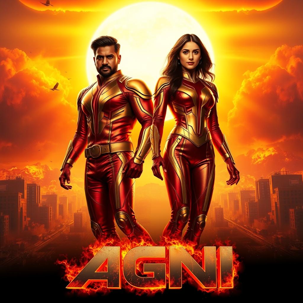 A cinematic sci-fi action film poster titled 'AGNI', featuring an Indian man and woman standing confidently before a brilliant sun