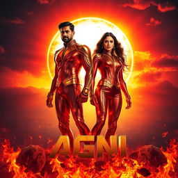 A cinematic sci-fi action film poster titled 'AGNI', featuring an Indian man and woman standing confidently before a brilliant sun