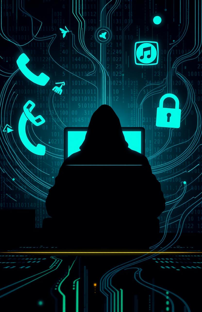 An intriguing digital artwork representing the concept of hacking through social engineering, featuring a silhouetted figure sitting at a computer surrounded by swirling binary code and digital data streams