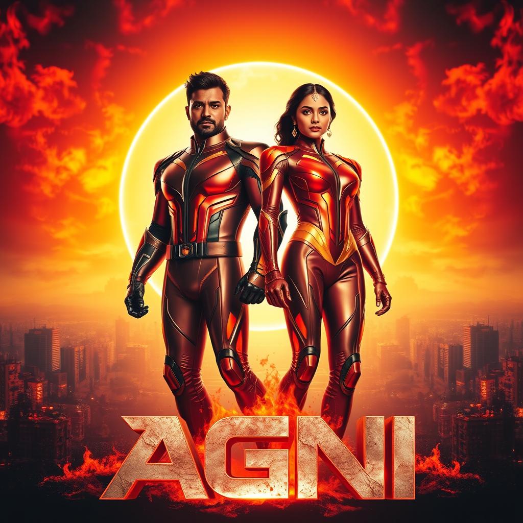 A cinematic sci-fi action film poster titled 'AGNI', featuring an Indian man and woman standing confidently before a brilliant sun