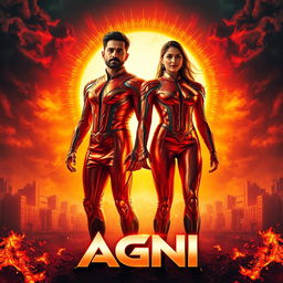 A cinematic sci-fi action film poster titled 'AGNI', featuring an Indian man and woman standing confidently before a brilliant sun