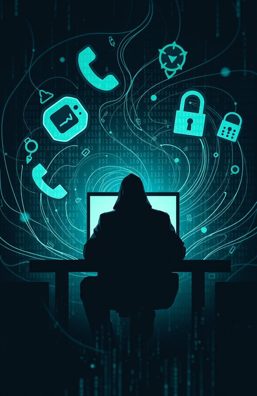 An intriguing digital artwork representing the concept of hacking through social engineering, featuring a silhouetted figure sitting at a computer surrounded by swirling binary code and digital data streams