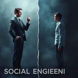 A thought-provoking conceptual artwork illustrating the dangers of social engineering, featuring a split scene