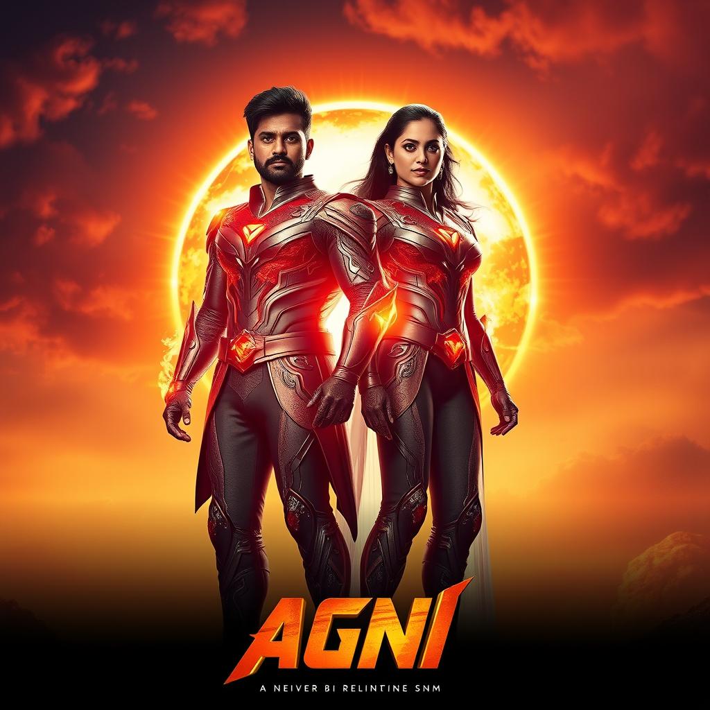 A cinematic sci-fi action film poster titled 'AGNI', featuring an Indian man and woman standing proudly before a vibrant sun