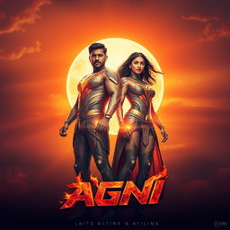 A cinematic sci-fi action film poster titled 'AGNI', featuring an Indian man and woman standing proudly before a vibrant sun