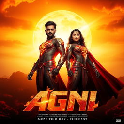 A cinematic sci-fi action film poster titled 'AGNI', featuring an Indian man and woman standing proudly before a vibrant sun