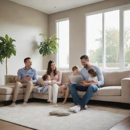 A happy, modern-day family enjoying their time together in a contemporary home, filled with high-tech devices, sleek furniture, sunlit rooms and lots of smiles.