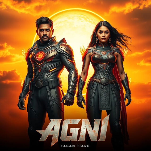 A cinematic sci-fi action film poster titled 'AGNI', featuring an Indian man and woman standing proudly before a vibrant sun