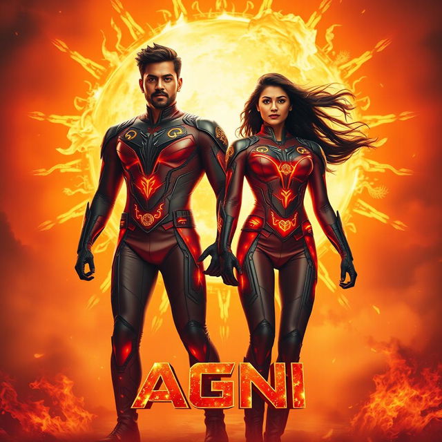 A cinematic sci-fi action film poster titled 'AGNI', featuring an Indian man and woman standing heroically against a massive, radiant sun