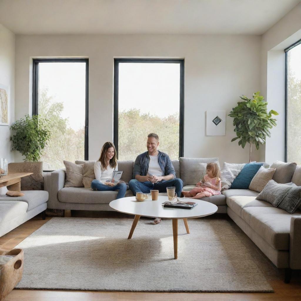 A happy, modern-day family enjoying their time together in a contemporary home, filled with high-tech devices, sleek furniture, sunlit rooms and lots of smiles.