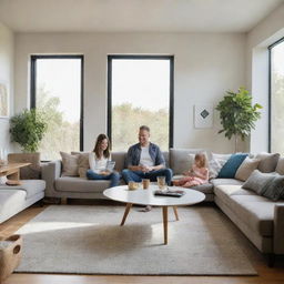 A happy, modern-day family enjoying their time together in a contemporary home, filled with high-tech devices, sleek furniture, sunlit rooms and lots of smiles.