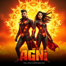 A cinematic sci-fi action film poster titled 'AGNI', featuring an Indian man and woman standing heroically against a massive, radiant sun