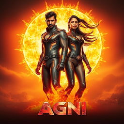 A cinematic sci-fi action film poster titled 'AGNI', featuring an Indian man and woman standing heroically against a massive, radiant sun