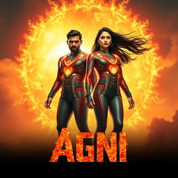 A cinematic sci-fi action film poster titled 'AGNI', featuring an Indian man and woman standing heroically against a massive, radiant sun